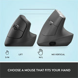 Logitech Lift Vertical Ergonomic Mouse, Wireless, Bluetooth or Logi Bolt USB receiver, Quiet clicks, 4 buttons, Graphite