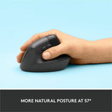 Logitech Lift Vertical Ergonomic Mouse, Wireless, Bluetooth or Logi Bolt USB receiver, Quiet clicks, 4 buttons, Graphite