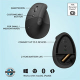 Logitech Lift Left Vertical Ergonomic Mouse, Left-handed, Wireless, Bluetooth or Logi Bolt USB, Quiet clicks, Graphite