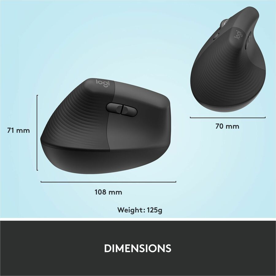 Logitech Lift Left Vertical Ergonomic Mouse, Left-handed, Wireless, Bluetooth or Logi Bolt USB, Quiet clicks, Graphite