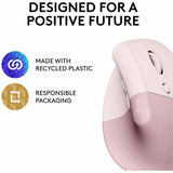 Logitech Lift Vertical Ergonomic Mouse, Wireless, Bluetooth or Logi Bolt USB receiver, Quiet clicks, 4 buttons, Rose