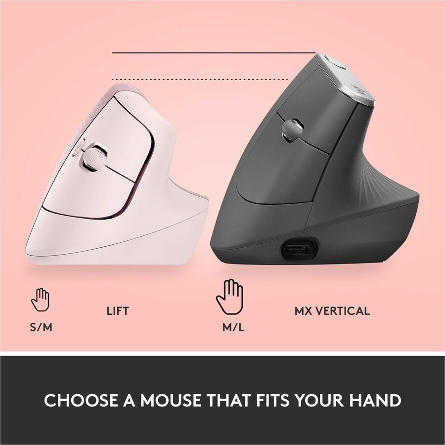 Logitech Lift Vertical Ergonomic Mouse, Wireless, Bluetooth or Logi Bolt USB receiver, Quiet clicks, 4 buttons, Rose