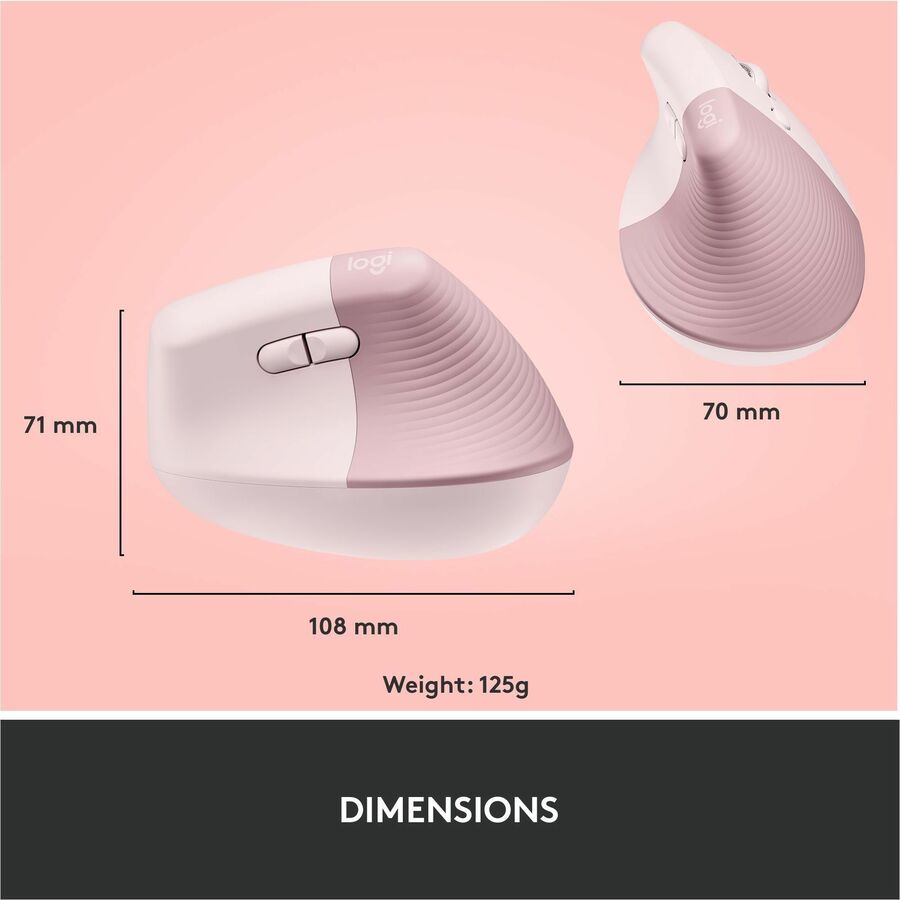 Logitech Lift Vertical Ergonomic Mouse, Wireless, Bluetooth or Logi Bolt USB receiver, Quiet clicks, 4 buttons, Rose