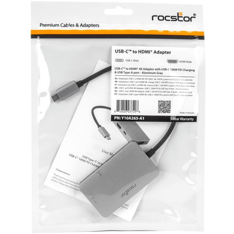 Rocstor Premium USB-C to HDMI 4K Adapter, USB-C 100W PD Charging & USB Type-A port