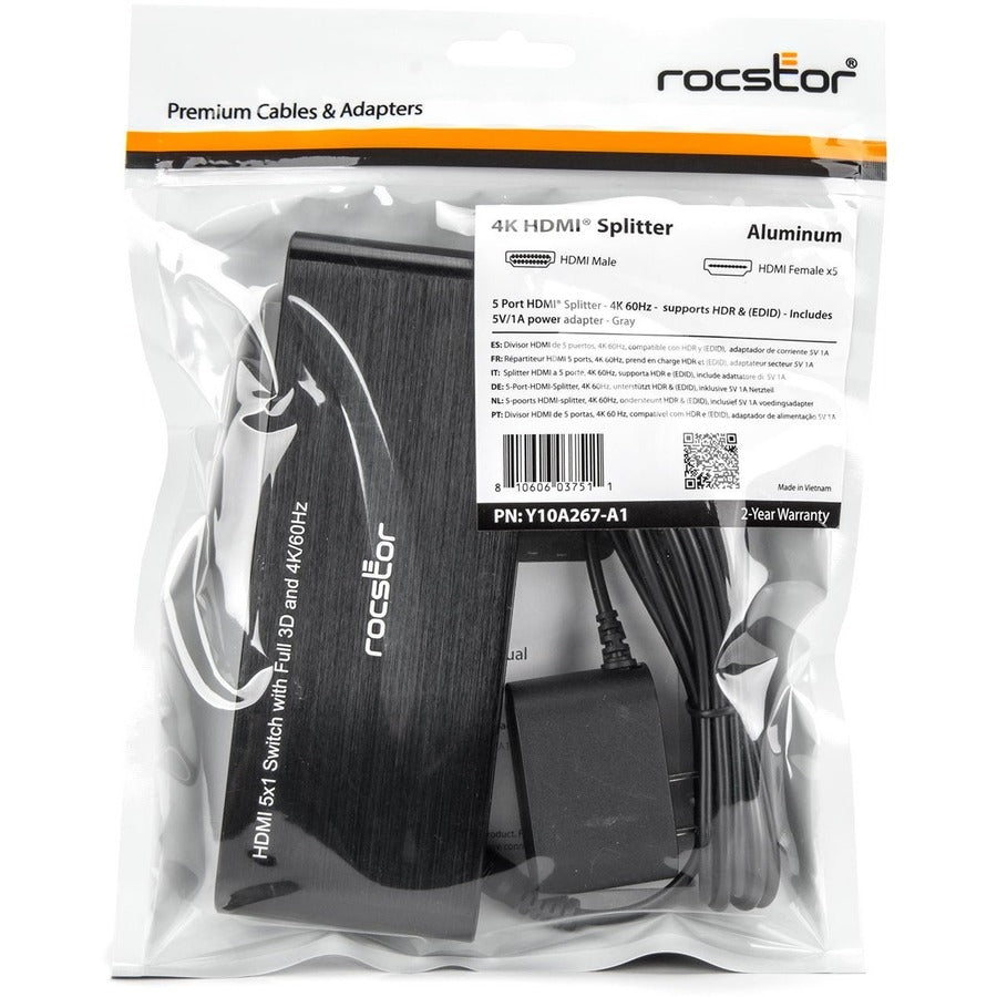 Rocstor 5 Port HDMI (2.0) Splitter 4K/60Hz Supports HDR & (EDID)