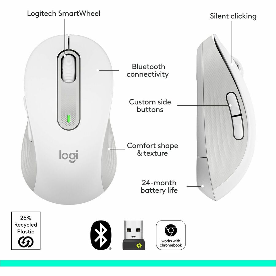 Logitech Signature M650 L Full Size Wireless Mouse - For Large Sized Hands, 2-Year Battery, Silent Clicks, Off-white