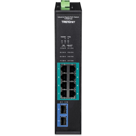 TRENDnet 10-Port Industrial Gigabit PoE+ Switch, WideTemperature Range -20&deg; - 65&deg;C (-4&deg; - 149&deg;F), DIN Rail Switch, 50-55V DC, 8 x Gigabit PoE+ Ports, 2 x Gigabit SFP Slots, TI-PGM102, Black