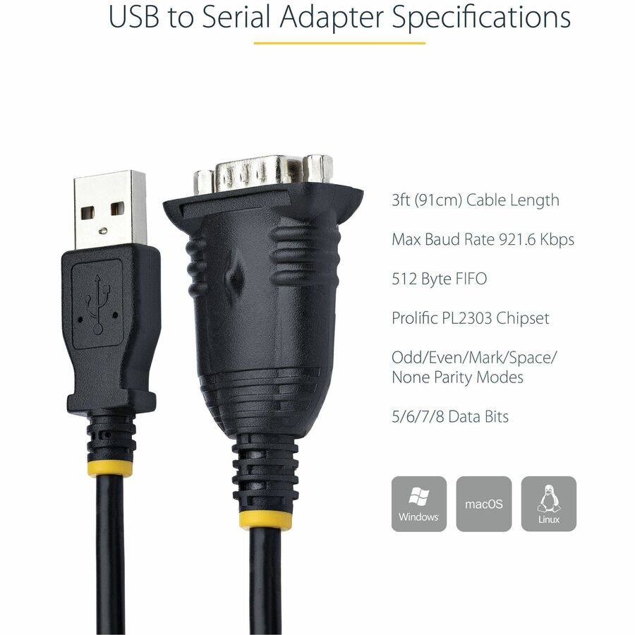 StarTech.com 3ft (1m) USB to Serial Cable, DB9 Male RS232 to USB Converter, USB to Serial Adapter, COM Port Adapter with Prolific IC