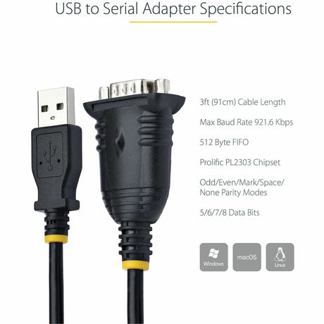 StarTech.com 3ft (1m) USB to Serial Cable, DB9 Male RS232 to USB Converter, USB to Serial Adapter, COM Port Adapter with Prolific IC