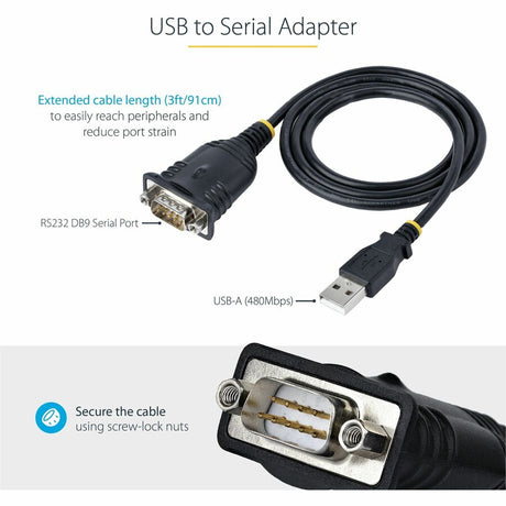 StarTech.com 3ft (1m) USB to Serial Cable, DB9 Male RS232 to USB Converter, USB to Serial Adapter, COM Port Adapter with Prolific IC