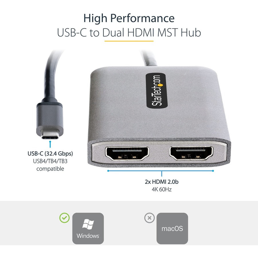StarTech.com USB-C to Dual HDMI Adapter, USB Type-C Multi-Monitor MST Hub, Dual 4K 60Hz HDMI Laptop Display Extender / Splitter, Windows