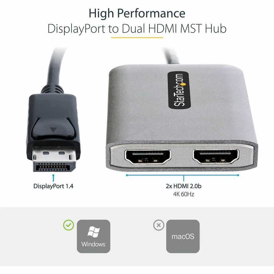 StarTech.com DP to Dual HDMI MST HUB, Dual HDMI 4K 60Hz, 2 Port DisplayPort Multi Monitor Adapter with 1ft/30cm Cable, DP 1.4 | DSC | HBR3