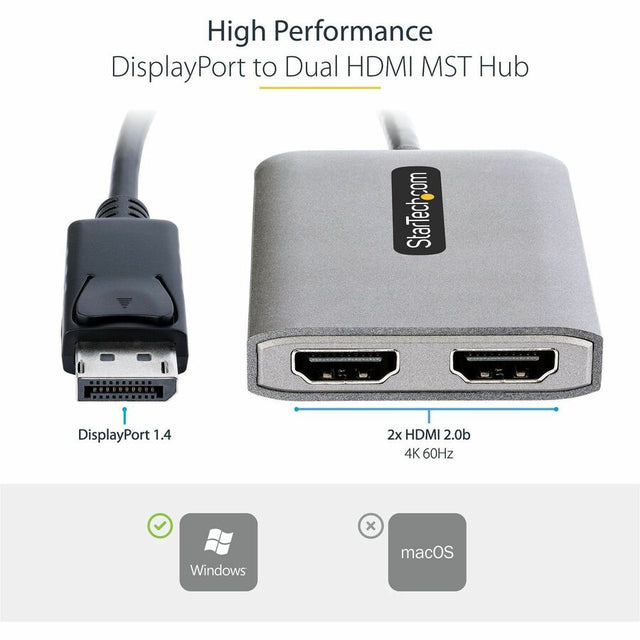 StarTech.com DP to Dual HDMI MST HUB, Dual HDMI 4K 60Hz, 2 Port DisplayPort Multi Monitor Adapter with 1ft/30cm Cable, DP 1.4 | DSC | HBR3