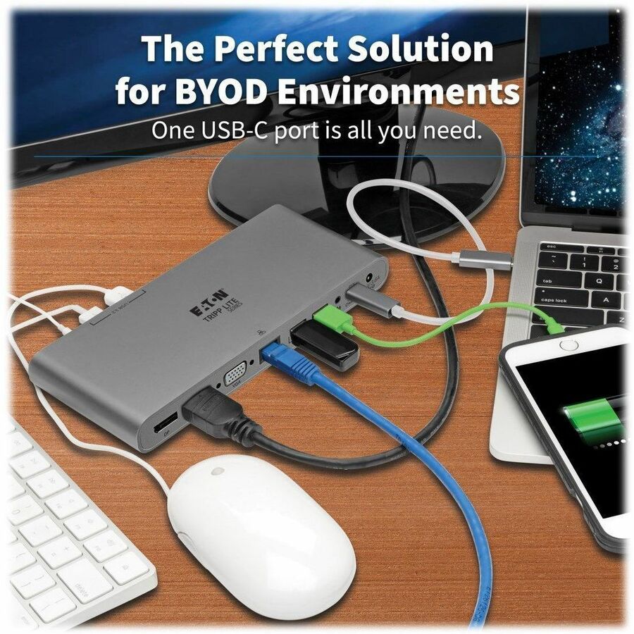 Eaton Tripp Lite Series USB-C Dock, Triple Display - 4K HDMI/DisplayPort, VGA, USB 3.x (5Gbps), USB-A/C Hub Ports, GbE, 100W PD Charging, EU/UK Power Supply