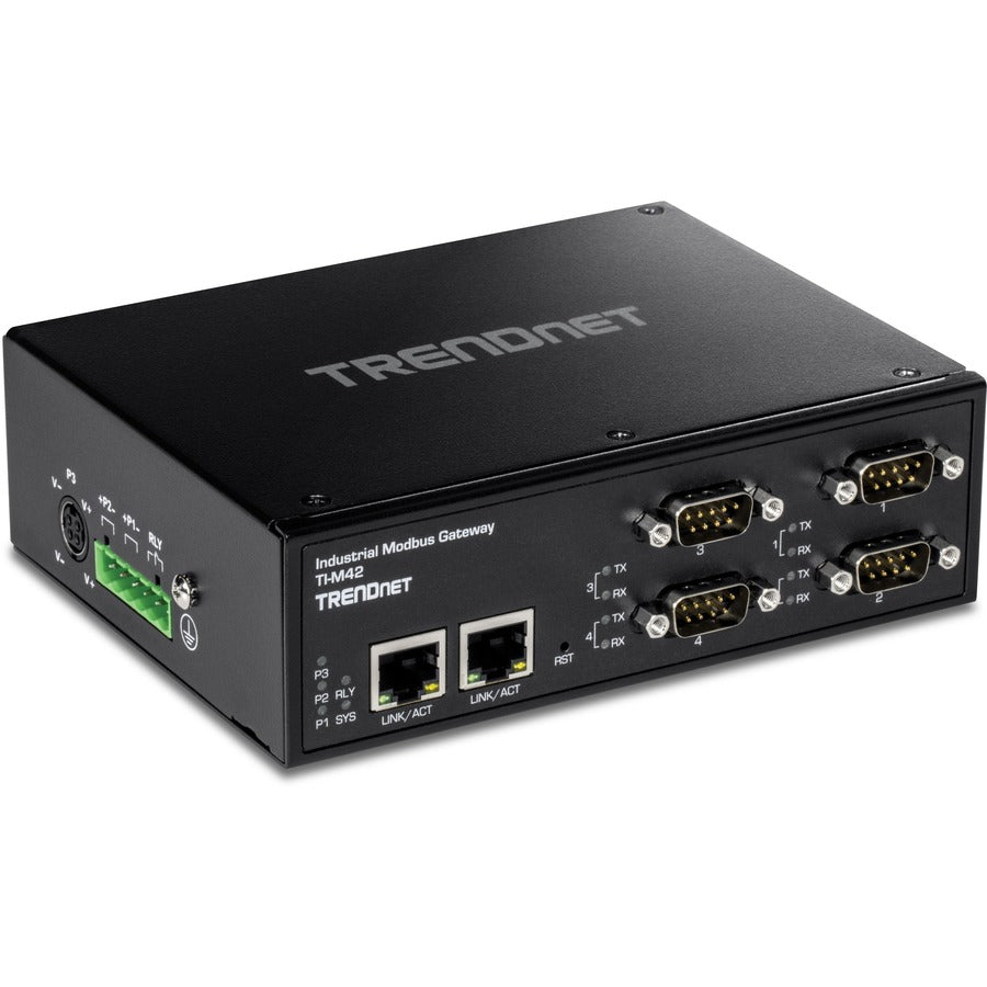 TRENDnet 4-Port Fast Ethernet Industrial Modbus Gateway, 4 x Serial DB-9 Ports, 2 x Fast Ethernet Ports, Up to 100m (328 ft), IP30 Rated Housing, Extreme Temperature Protection, Black, TI-M42