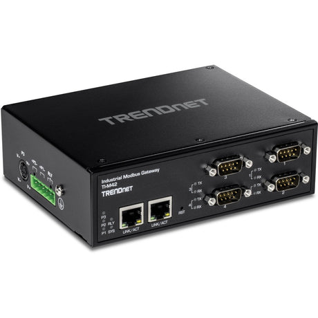 TRENDnet 4-Port Fast Ethernet Industrial Modbus Gateway, 4 x Serial DB-9 Ports, 2 x Fast Ethernet Ports, Up to 100m (328 ft), IP30 Rated Housing, Extreme Temperature Protection, Black, TI-M42