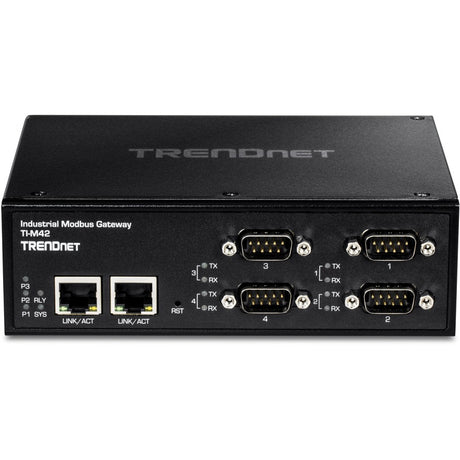 TRENDnet 4-Port Fast Ethernet Industrial Modbus Gateway, 4 x Serial DB-9 Ports, 2 x Fast Ethernet Ports, Up to 100m (328 ft), IP30 Rated Housing, Extreme Temperature Protection, Black, TI-M42