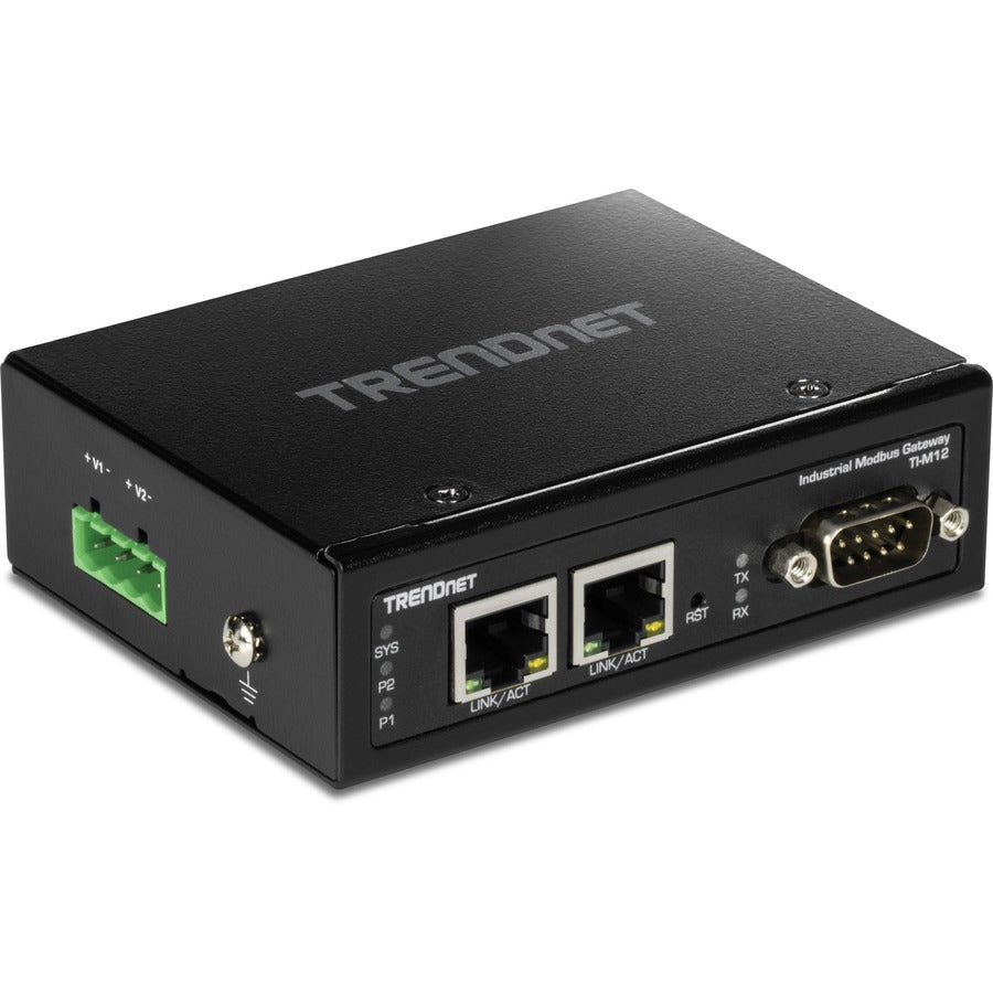 TRENDnet 1-Port Fast Ethernet Industrial Modbus Gateway, 1 x Serial DB-9 Port, 2 x Fast Ethernet Ports, Up to 100m (328 ft), IP30 Rated Housing, Extreme Temperature Protection, Black, TI-M12