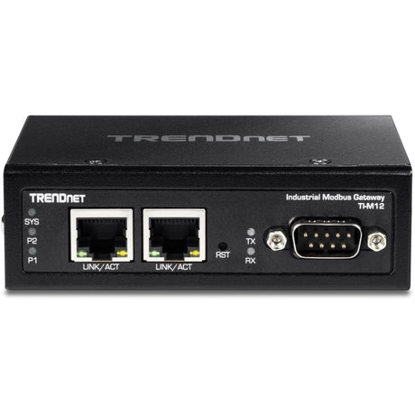 TRENDnet 1-Port Fast Ethernet Industrial Modbus Gateway, 1 x Serial DB-9 Port, 2 x Fast Ethernet Ports, Up to 100m (328 ft), IP30 Rated Housing, Extreme Temperature Protection, Black, TI-M12
