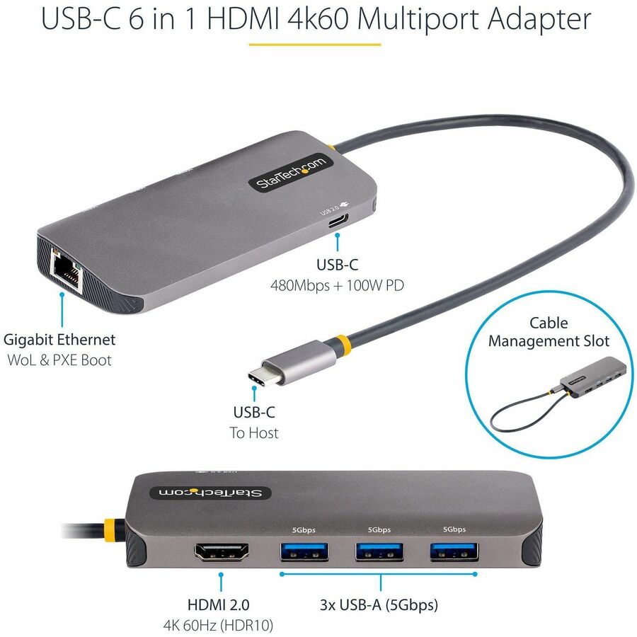 StarTech.com USB C Multiport Adapter, 4K 60Hz HDMI HDR10 Video, 3 Port 5Gbps USB 3.2 Hub, 100W PD PassThrough, GbE, Mini Travel Dock