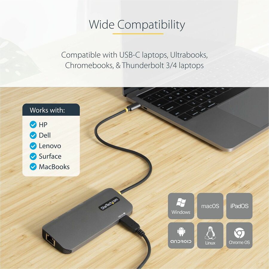 StarTech.com USB C Multiport Adapter, 4K 60Hz HDMI HDR10 Video, 3 Port 5Gbps USB 3.2 Hub, 100W PD PassThrough, GbE, Mini Travel Dock