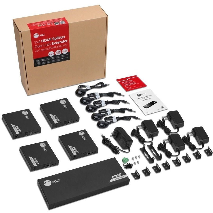 SIIG 1x4 4K 60Hz HDMI Splitter Over Cat6 Extender with Loopout/IR/ARC & RS-232 - Up to 230ft (70m) - Near Zero Latency