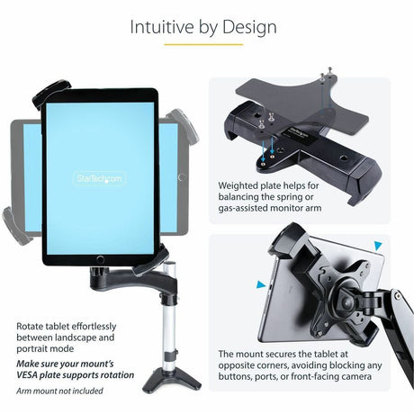 StarTech.com VESA Mount Adapter for Tablets 7.9 to 12.5in, Up to 2kg /4.4lb, 75x75/100x100, Universal Anti-Theft Tablet VESA Mount Clamp