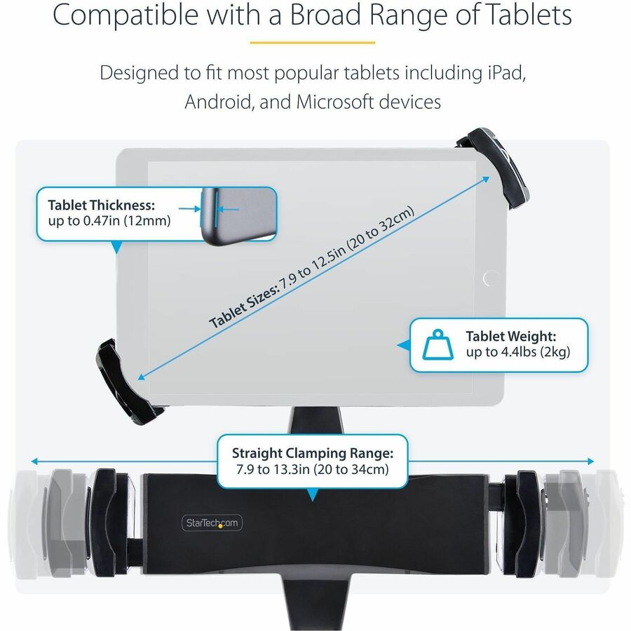 StarTech.com VESA Mount Adapter for Tablets 7.9 to 12.5in, Up to 2kg /4.4lb, 75x75/100x100, Universal Anti-Theft Tablet VESA Mount Clamp