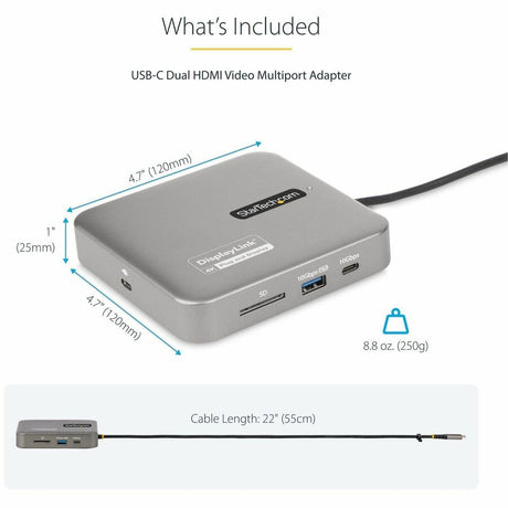 StarTech.com USB-C Multiport Adapter, Dual 4K 60Hz HDMI, 2-Port USB-A/USB-C 10Gbps Hub, 100W PD, GbE, SD, Travel Docking Station