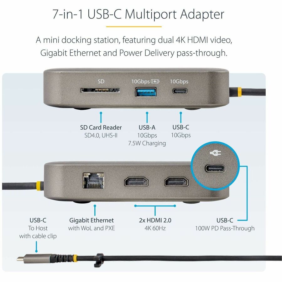 StarTech.com USB-C Multiport Adapter, Dual 4K 60Hz HDMI, 2-Port USB-A/USB-C 10Gbps Hub, 100W PD, GbE, SD, Travel Docking Station