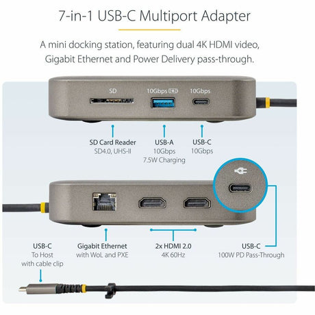 StarTech.com USB-C Multiport Adapter, Dual 4K 60Hz HDMI, 2-Port USB-A/USB-C 10Gbps Hub, 100W PD, GbE, SD, Travel Docking Station