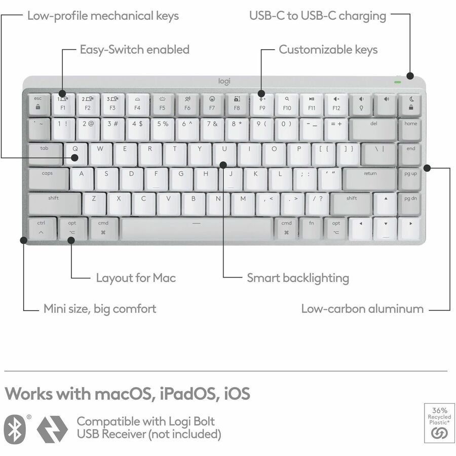 Logitech MX Mechanical Mini for Mac Wireless Illuminated Keyboard, Low-Profile Switches, Tactile Quiet Keys, Pale Gray