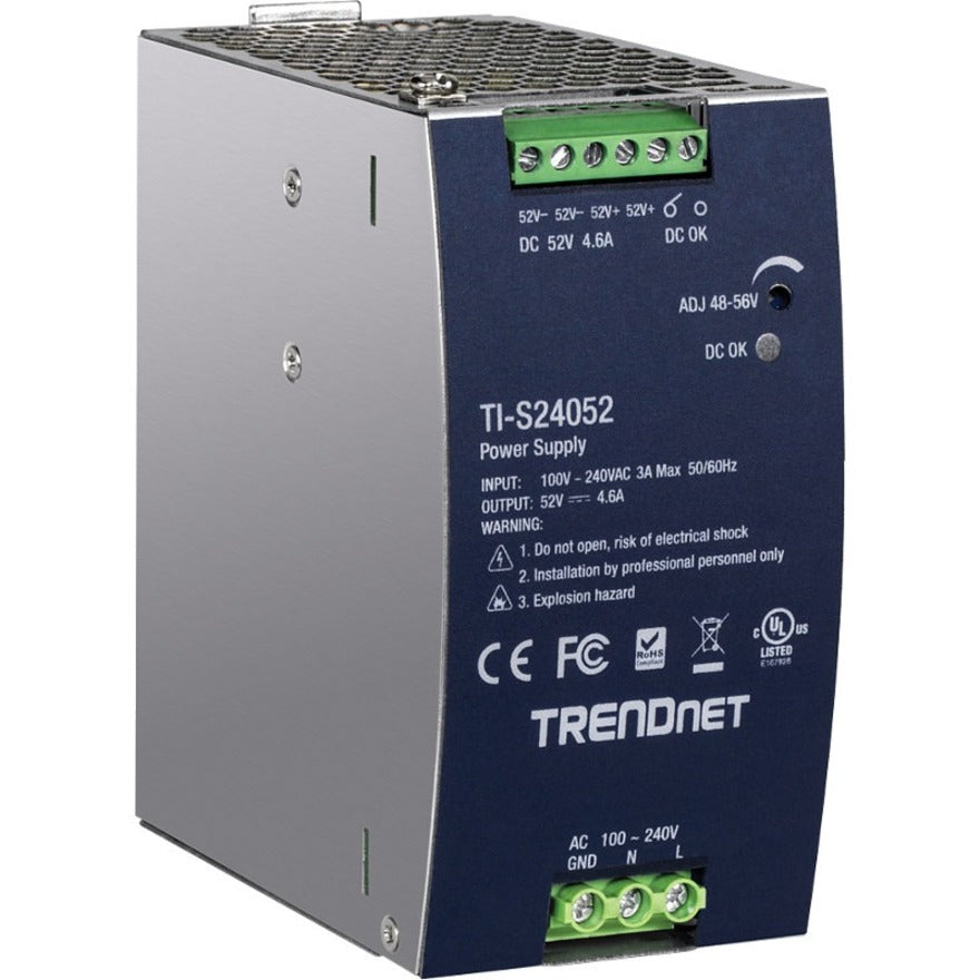 TRENDnet 240W, 52V DC, 4.61A AC to DC DIN-Rail Power Supply, TI-S24052, Industrial Power Supply with Built-In Power Factor Controller Function, Silver