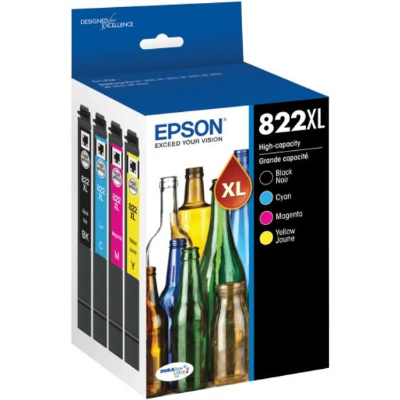Epson 822XL DuraBrite High-Yield Black, Cyan, Magenta, Yellow Ink Cartridges, Pack of 4, T822XL-XCS