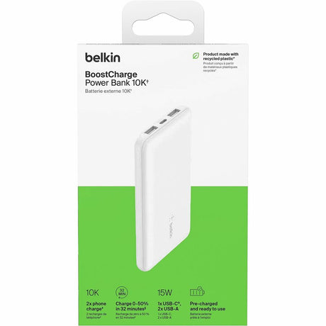 Belkin 15W 3-port USB Power Bank - 10K mAh - 2xUSB-A (12W), 1xUSB-C (15W) - Portable Charger - w/ USB-A to USB-C Cable - White