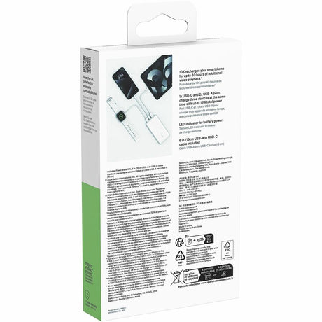 Belkin 15W 3-port USB Power Bank - 10K mAh - 2xUSB-A (12W), 1xUSB-C (15W) - Portable Charger - w/ USB-A to USB-C Cable - White
