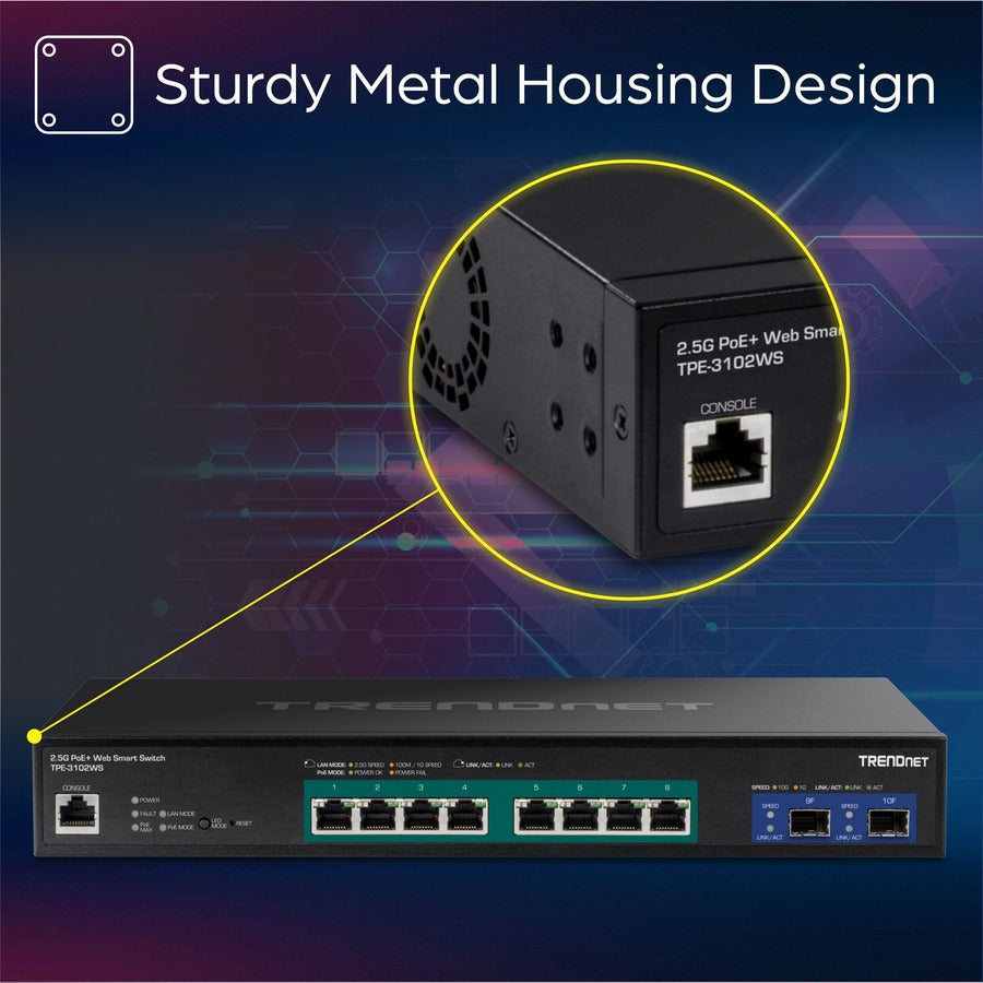 TRENDnet 10-Port Multi-Gig Web Smart PoE+ Switch, 8 x 2.5GBASE-T PoE+ Ports, 2 x 10G SFP+ Slots, Metal Housing, Managed Network Ethernet Switch, Lifetime Protection, Black, TPE-3102WS