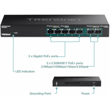 TRENDnet 7-Port Multi-Gig PoE+ Switch, 5 x 1G RJ-45 PoE+ BASE-T Ports, 2 x 2.5G RJ-45 PoE+ Ports, 20Gbps Switching Capacity, Wall Mountable, Network Ethernet Switch, Lifetime Protection, Black,TPE-TG327