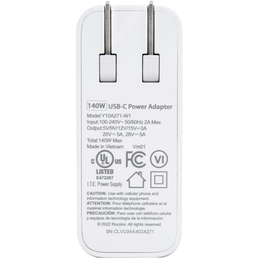 Rocstor 140W Smart USB-C&trade; Power Adapter AC Charger. Compatible with Apple&reg; MacBook&reg;, MacBook Air&reg;, MacBook Pro&reg; with Thunderbolt 3/4 (87W & 96W), MacBook Pro&reg; 13" (61 & 67W), MacBook Pro&reg; 14" 2021 and higher, MacBook Pro&reg;