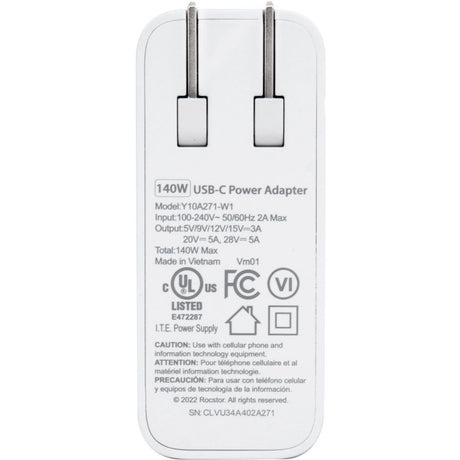 Rocstor 140W Smart USB-C&trade; Power Adapter AC Charger. Compatible with Apple&reg; MacBook&reg;, MacBook Air&reg;, MacBook Pro&reg; with Thunderbolt 3/4 (87W & 96W), MacBook Pro&reg; 13" (61 & 67W), MacBook Pro&reg; 14" 2021 and higher, MacBook Pro&reg;