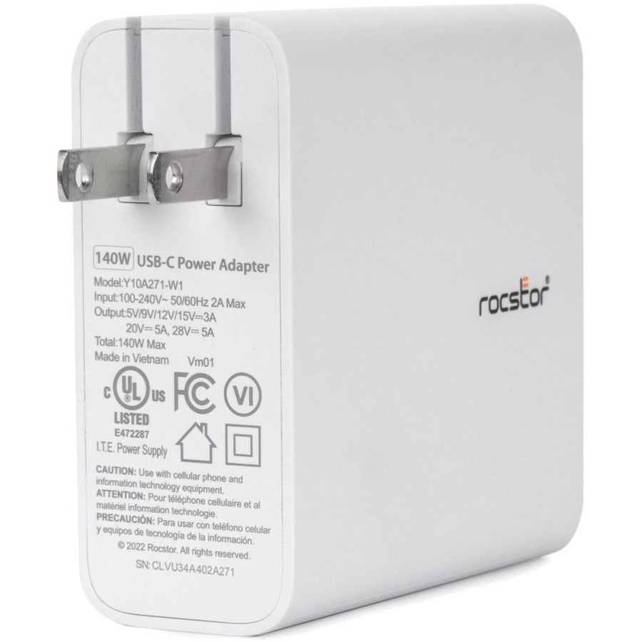 Rocstor 140W Smart USB-C&trade; Power Adapter AC Charger. Compatible with Apple&reg; MacBook&reg;, MacBook Air&reg;, MacBook Pro&reg; with Thunderbolt 3/4 (87W & 96W), MacBook Pro&reg; 13" (61 & 67W), MacBook Pro&reg; 14" 2021 and higher, MacBook Pro&reg;