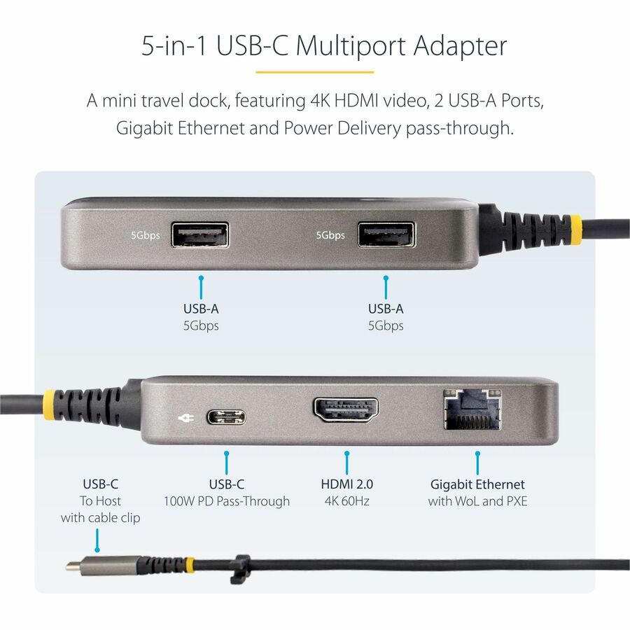 StarTech.com USB-C Multiport Adapter, 4K60Hz HDMI, HDR, 2-Port 5Gbps USB Hub, 100W PD Pass-Through, GbE, Mini Dock, Windows/macOS/ChromeOS