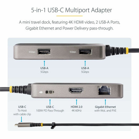 StarTech.com USB-C Multiport Adapter, 4K60Hz HDMI, HDR, 2-Port 5Gbps USB Hub, 100W PD Pass-Through, GbE, Mini Dock, Windows/macOS/ChromeOS