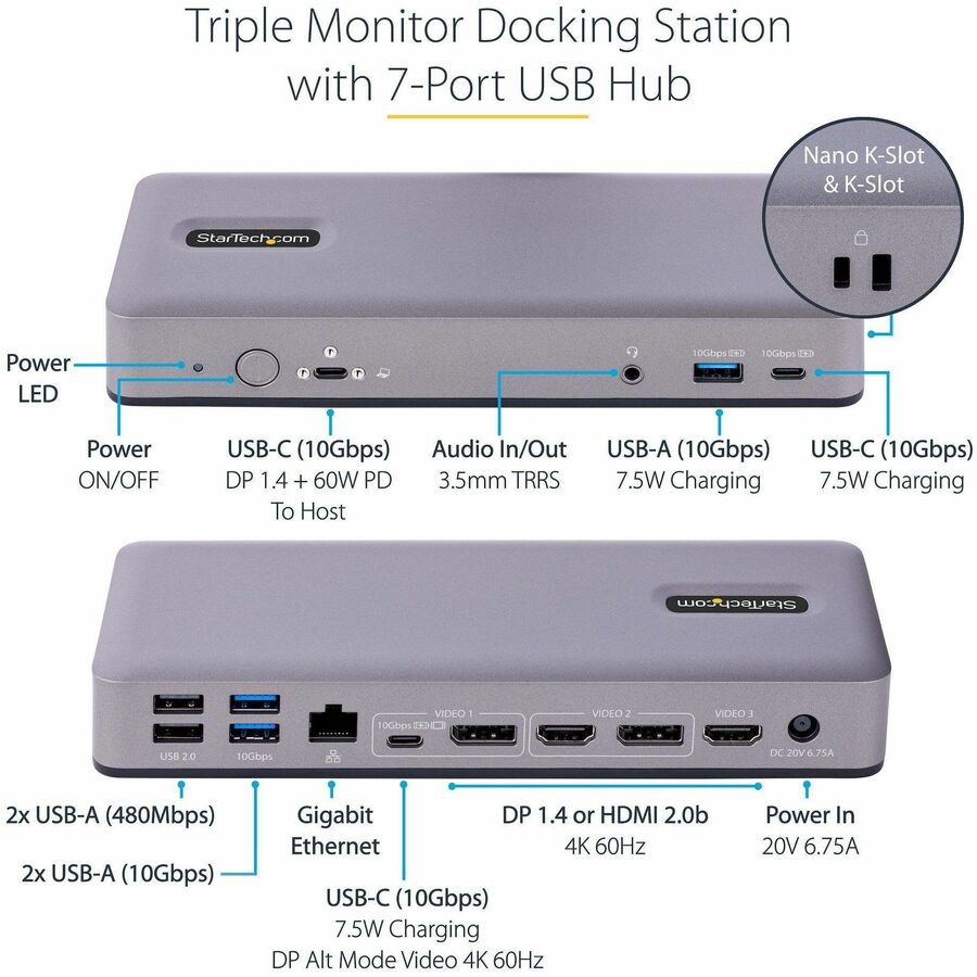 StarTech.com USB-C Docking Station, HDMI/DP/DP Alt Mode USB-C Dock, Triple/Dual 4K, 7x USB Hub, 60W PD, GbE, WWCB Certified