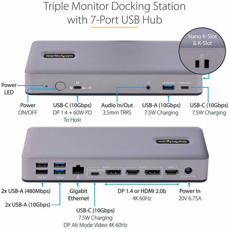 StarTech.com USB-C Docking Station, HDMI/DP/DP Alt Mode USB-C Dock, Triple/Dual 4K, 7x USB Hub, 60W PD, GbE, WWCB Certified