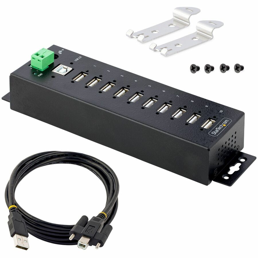 StarTech.com 10-Port Industrial USB 2.0 HUB, Rugged USB Hub w/ESD Level 4 Protection, DIN/Wall/Desk Mountable USB-A Hub, USB Expansion Hub