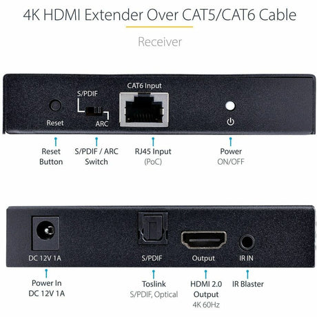 StarTech.com 4K HDMI Extender Over CAT5/CAT6 Cable, 4K 60Hz Video Extender Up to 230ft (70m), HDMI Over Ethernet Cabling, S/PDIF Audio Out