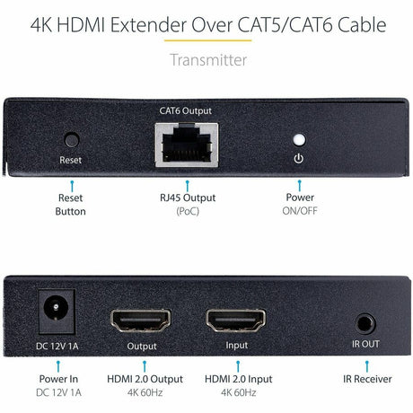 StarTech.com 4K HDMI Extender Over CAT5/CAT6 Cable, 4K 60Hz Video Extender Up to 230ft (70m), HDMI Over Ethernet Cabling, S/PDIF Audio Out