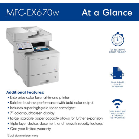 Brother Workhorse MFC-EX670W Enterprise Color Laser All-in-One Printer with Fast Printing, Large Paper Capacity, and Advanced Security Features