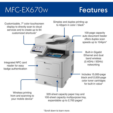 Brother Workhorse MFC-EX670W Enterprise Color Laser All-in-One Printer with Fast Printing, Large Paper Capacity, and Advanced Security Features